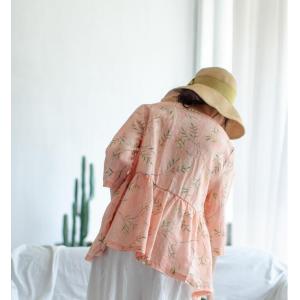 Elastic Waist Crew Neck Linen Blouse Printed Pink Ladies Shirt