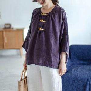 Yellow Chinese Frogs Purple Blouse Plus Size Linen Resort Attire