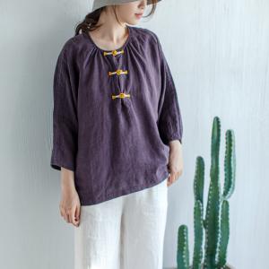 Yellow Chinese Frogs Purple Blouse Plus Size Linen Resort Attire