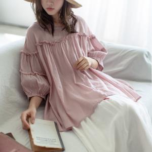 Puff Sleeve Ruffle Blouse Large Ramie Summer Shirt for Women