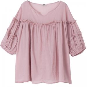 Puff Sleeve Ruffle Blouse Large Ramie Summer Shirt for Women