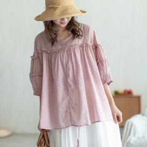 Puff Sleeve Ruffle Blouse Large Ramie Summer Shirt for Women