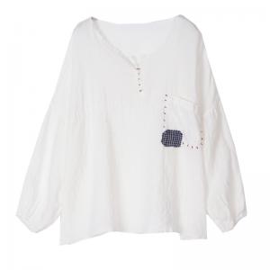 Fringed Collar Puff Sleeve White Blouse Patchwork Embroidered Shirt
