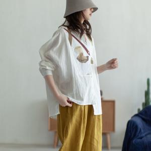 Artistic Printed Long Sleeve Shirt Casual Linen White Blouse