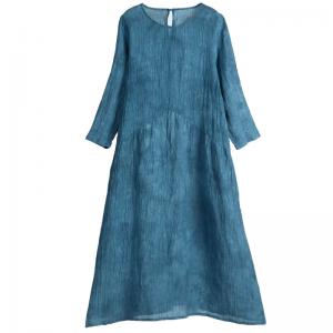 Long Sleeve Tie-Dye Shift Dress Linen Pleated Cruise Dress