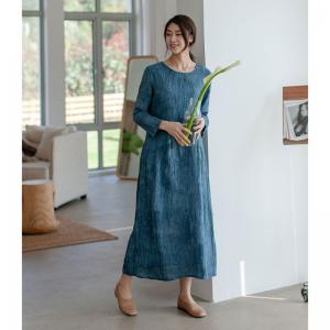 Long Sleeve Tie-Dye Shift Dress Linen Pleated Cruise Dress