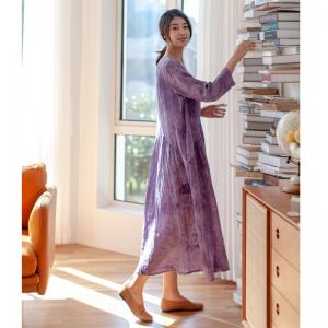 Long Sleeve Tie-Dye Shift Dress Linen Pleated Cruise Dress