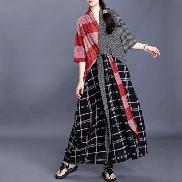 Black and Red Cotton Linen Maxi Dress Checkered Tie Front Dress