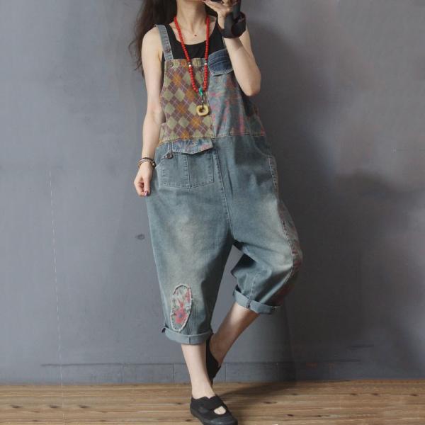 Flap Pockets Patchwork Jean Overalls Baggy-Fit Printed Dungarees