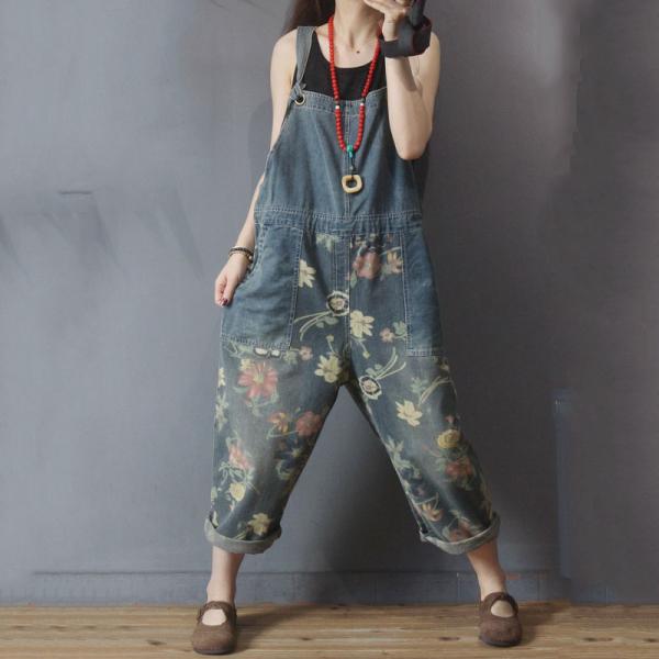 Flowers Pattern Patch Pockets Dungarees Drawstring Waist Jean Overalls