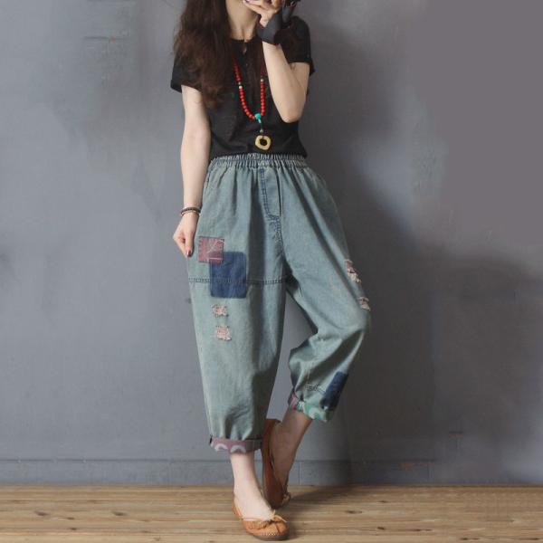Cloth Patchwork Baggy Ripped Jeans for Women