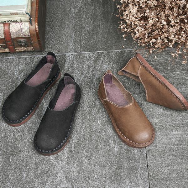 Handmade Cowhide Leather Comfy Flats Soft Rubble Ladies Shoes