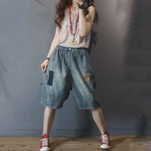 Summer Fashion Patchwork Jean Shorts Baggy Korean Ripped Jeans