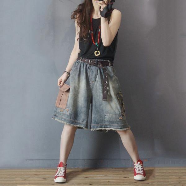 Grunge Fashion Colorful Pockets Denim Shorts Womans Wide Leg Shorts