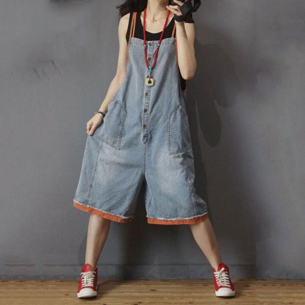 Button Down Overall Shorts Wide Leg Jean Dungarees