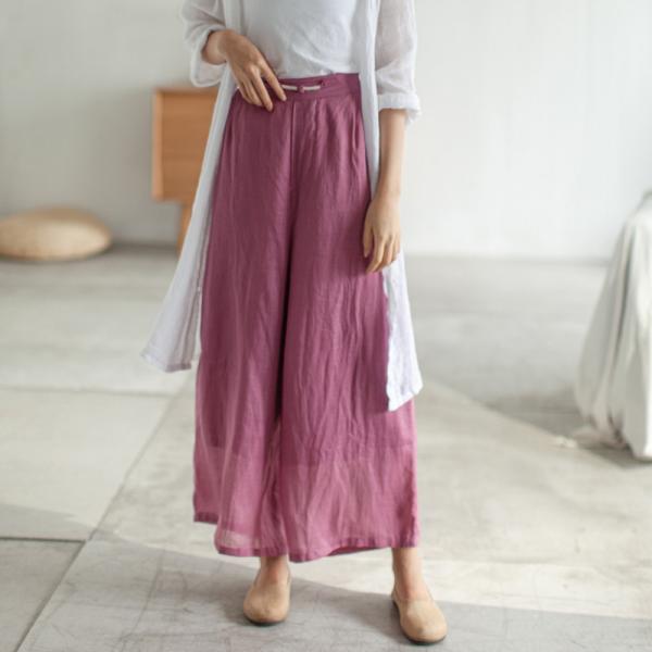 Chinese Button Wide Leg Pants Comfy Ramie Layered Trousers