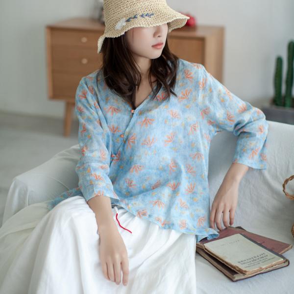 Slanted Buttons Printed Ladies Shirt V-Neck Linen Blouse