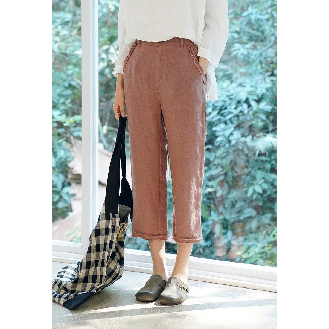 Straight-Leg Linen Pants Womans Fringed Comfy Trousers in Brick Red M L ...