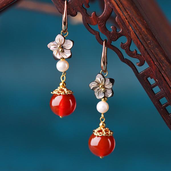 Red Agate Ethnic Earrings Vintage Flowers Designer Earrings