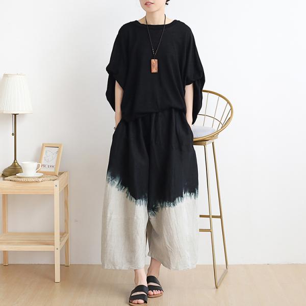 Organic Linen Black Tie-Dye Pants Casual Wide Leg Pants