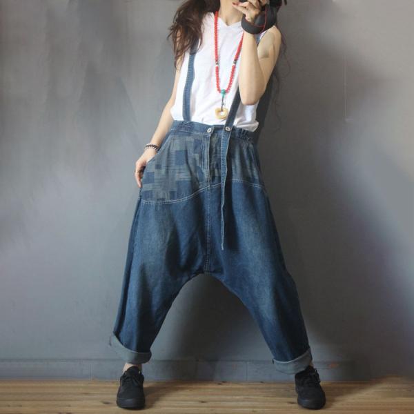 Korean Fashion Backless Suspender Jeans Baggy Checkered Jeans