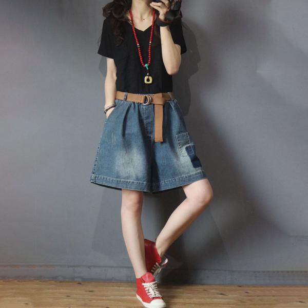 Blue Patchwork Jean Shorts Wide Leg Casual Jorts for Women