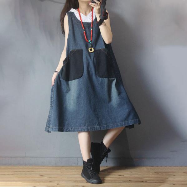 Contrast-Colored Pockets Large Dress Summer Denim Sundress