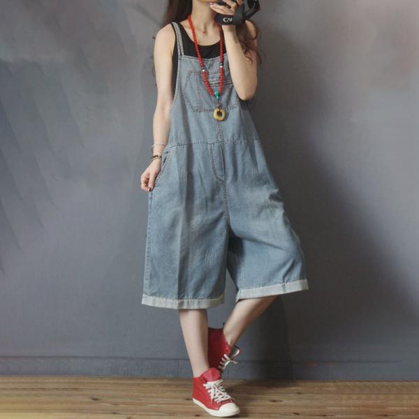 Light Blue Wide Leg Rompers Patch Pocket Overall Shorts