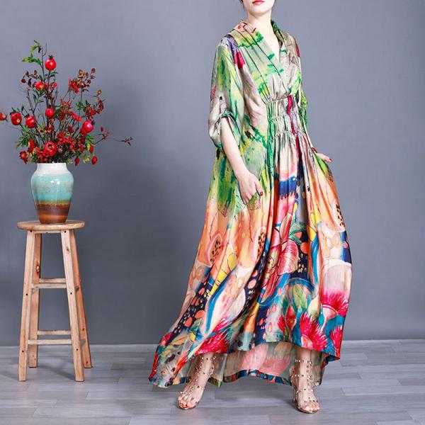 Loose Green Print Maxi Dress High-Waist Kimono Dress