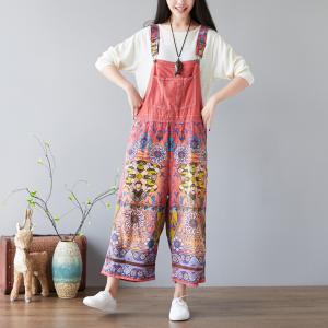 Ethnic Printed Wide Leg Jumpsuits Vintage Plus Size Cotton Overalls