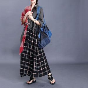Black and Red Cotton Linen Maxi Dress Checkered Tie Front Dress