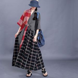 Black and Red Cotton Linen Maxi Dress Checkered Tie Front Dress