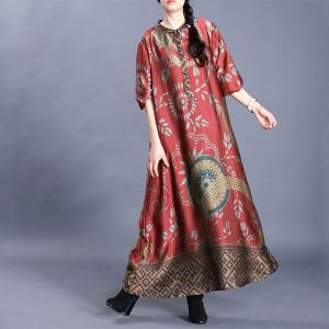 Totem Pattern Silk Modest Dress Loose Maxi Church Dress