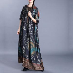 Totem Pattern Silk Modest Dress Loose Maxi Church Dress
