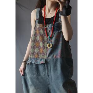 Flap Pockets Patchwork Jean Overalls Baggy-Fit Printed Dungarees