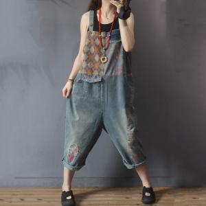 Flap Pockets Patchwork Jean Overalls Baggy-Fit Printed Dungarees