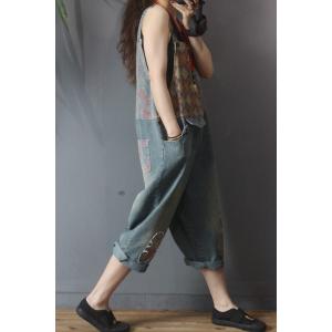 Flap Pockets Patchwork Jean Overalls Baggy-Fit Printed Dungarees