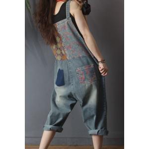 Flap Pockets Patchwork Jean Overalls Baggy-Fit Printed Dungarees