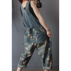 Flowers Pattern Patch Pockets Dungarees Drawstring Waist Jean Overalls