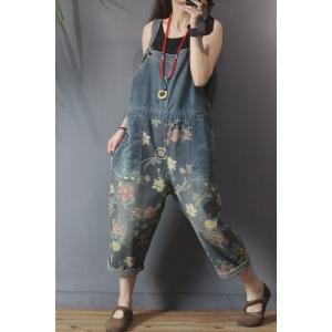 Flowers Pattern Patch Pockets Dungarees Drawstring Waist Jean Overalls