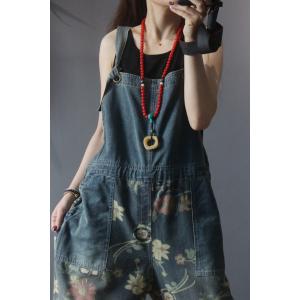 Flowers Pattern Patch Pockets Dungarees Drawstring Waist Jean Overalls