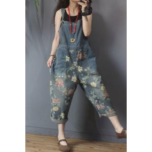 Flowers Pattern Patch Pockets Dungarees Drawstring Waist Jean Overalls