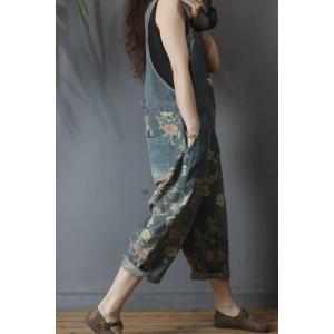 Flowers Pattern Patch Pockets Dungarees Drawstring Waist Jean Overalls