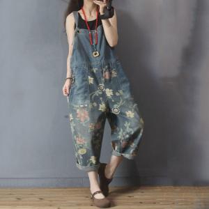 Flowers Pattern Patch Pockets Dungarees Drawstring Waist Jean Overalls