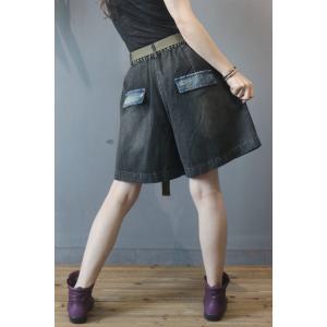 Contrast-Colored Pockets Wide Leg Denim Shorts