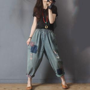 Cloth Patchwork Baggy Ripped Jeans for Women