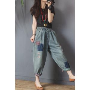 Cloth Patchwork Baggy Ripped Jeans for Women