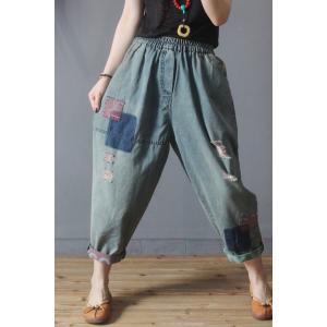 Cloth Patchwork Baggy Ripped Jeans for Women