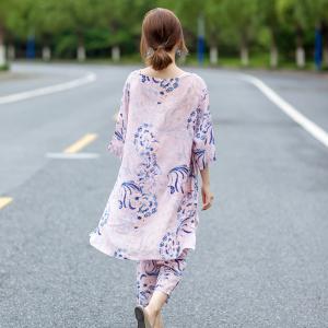 Half Sleeve Printed Loose Tunic with Ramie Straight Leg Copped Pants