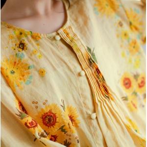 3/4 Sleeve Sunflowers Shirt Oversized Linen Pleated Blouse